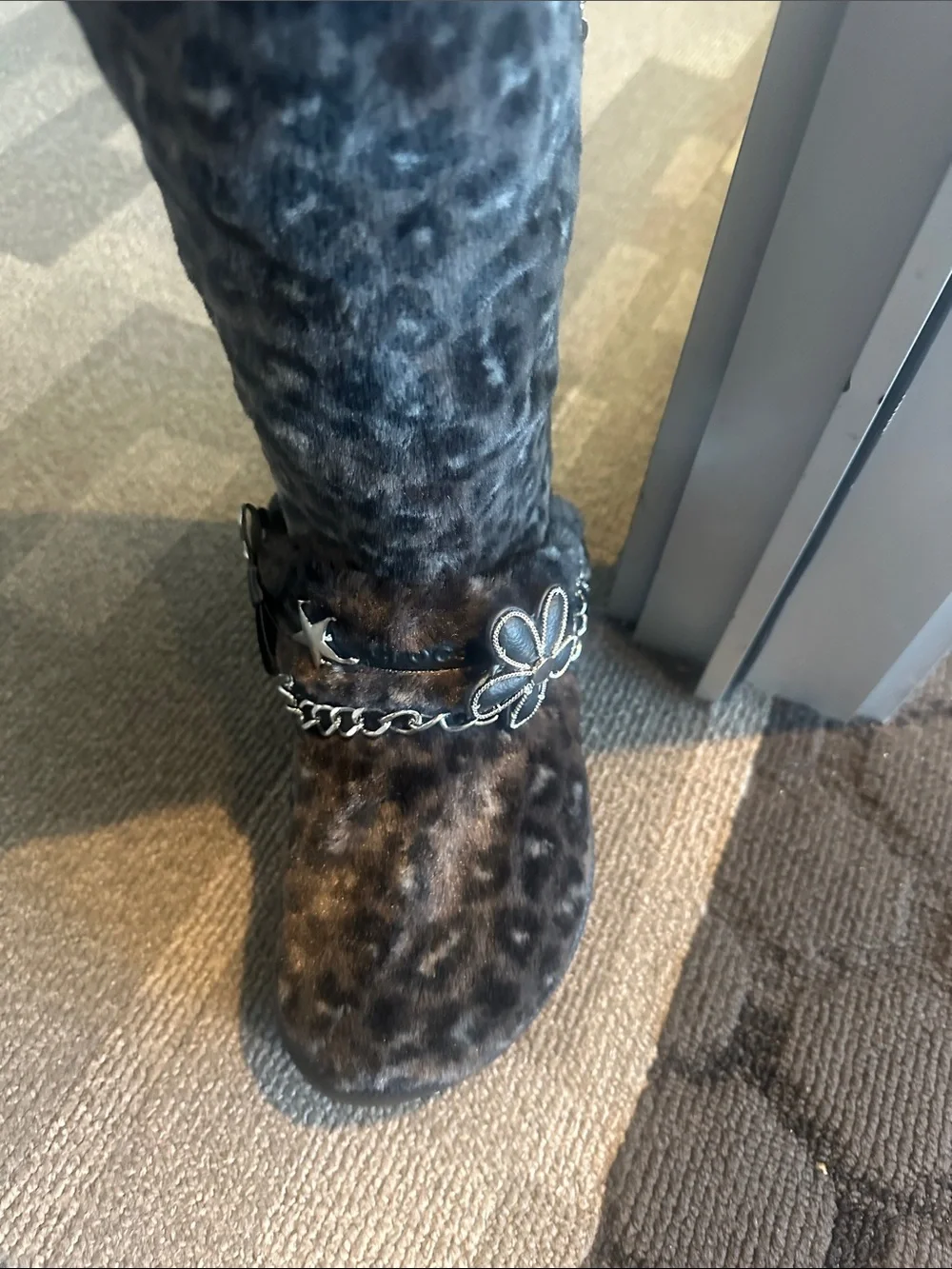 CROCS s Black Leopard Faux-Fur Tall Boots with Silver Charms